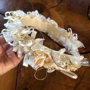 Vintage Wedding Flower Girl Fancy Headband - Cream Satin Ribbon Paper Florals